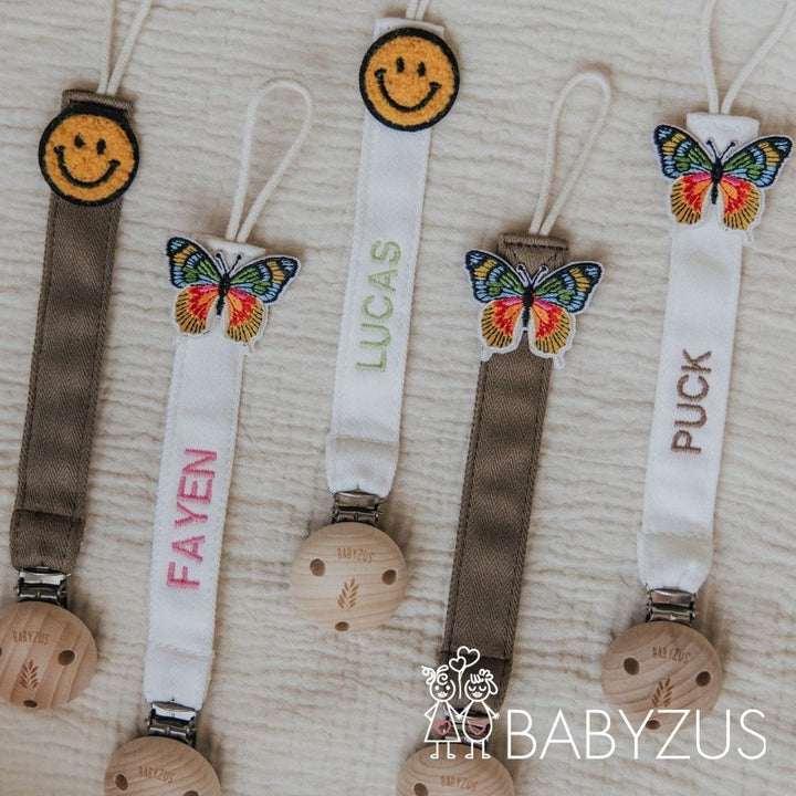 Speenkoord met naam - Beige Smiley | Patchwork