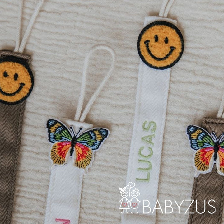 Speenkoord met naam - Beige Smiley | Patchwork