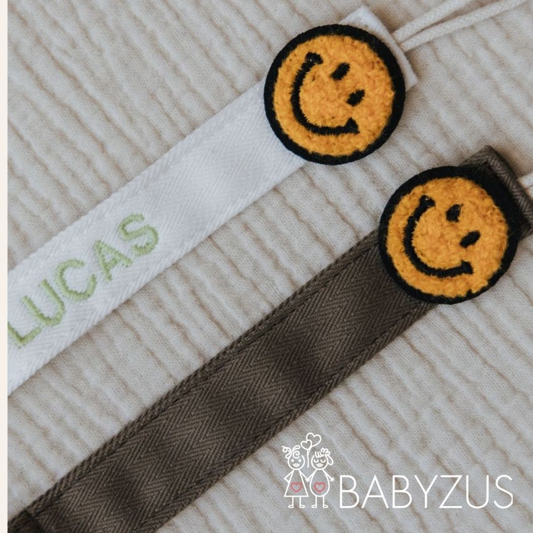Speenkoord met naam - Beige Smiley | Patchwork