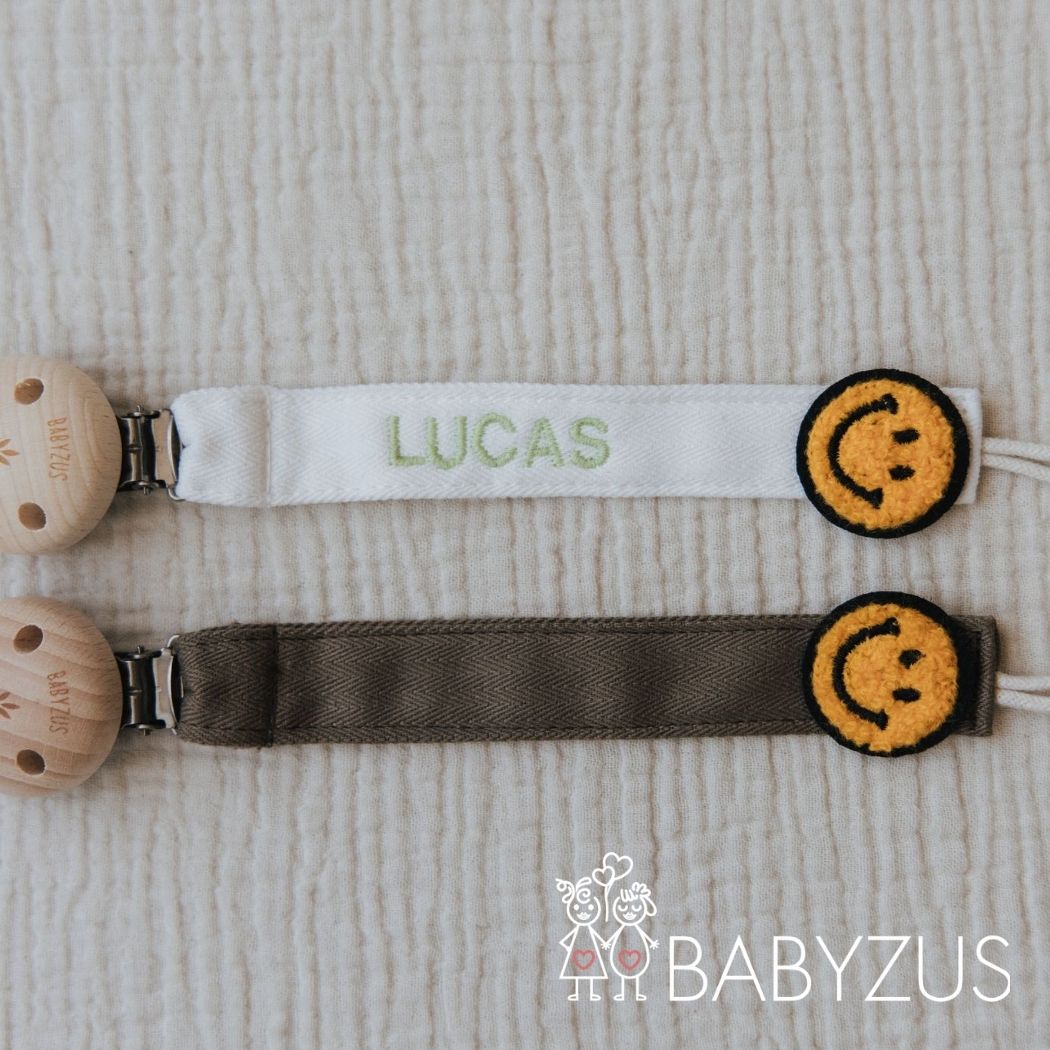Speenkoord met naam - Beige Smiley | Patchwork